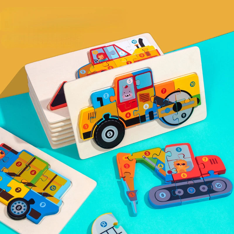Children Montessori Wooden Puzzle Baby 3D Engineering Vehicle Jigsaw Early Education Matching Cognitive Puzzles Toys for Kids