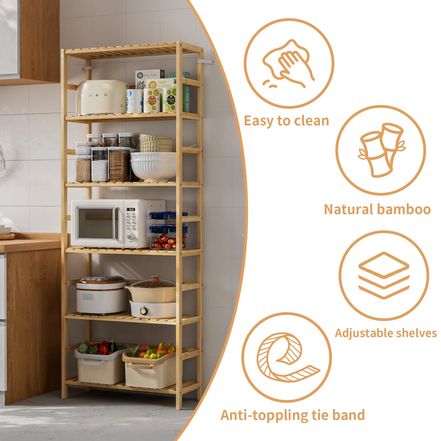 Freestanding Bamboo Bookcase Storage Shelf 6-Tier Bathroom Kitchen Shelving Unit Rack Organizer