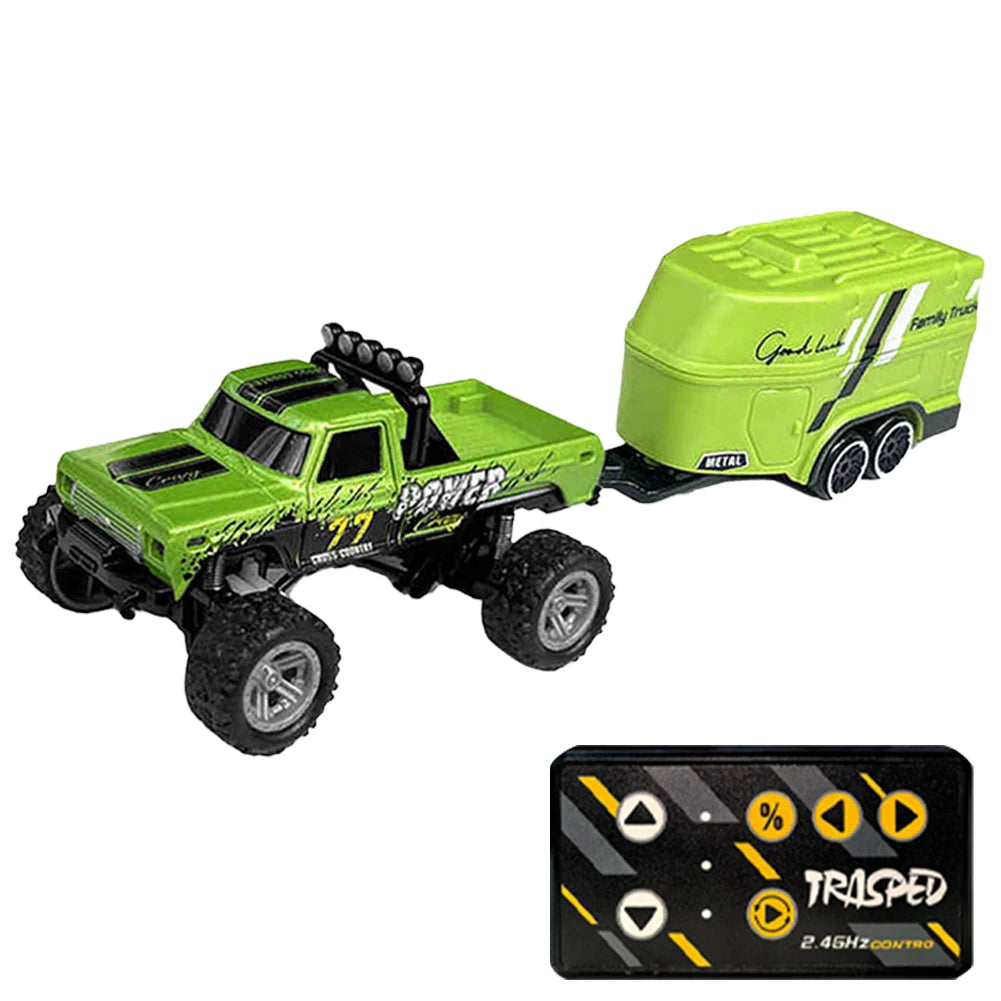 Mini Off-Road Climbing Car with Lights & Trailer All Terrain Off-Road Truck Toy 1:64 Scale 2.4Ghz Remote Control for Kids Gifts