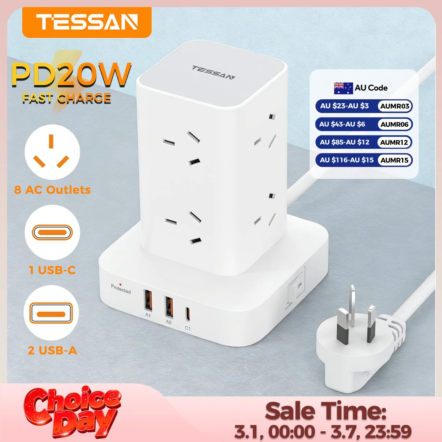 TESSAN AU Plug Tower Power Strip Desktop Fast Charging Station 65W GaN USB C AUS Power Strip with 6 USB Ports for Home Office