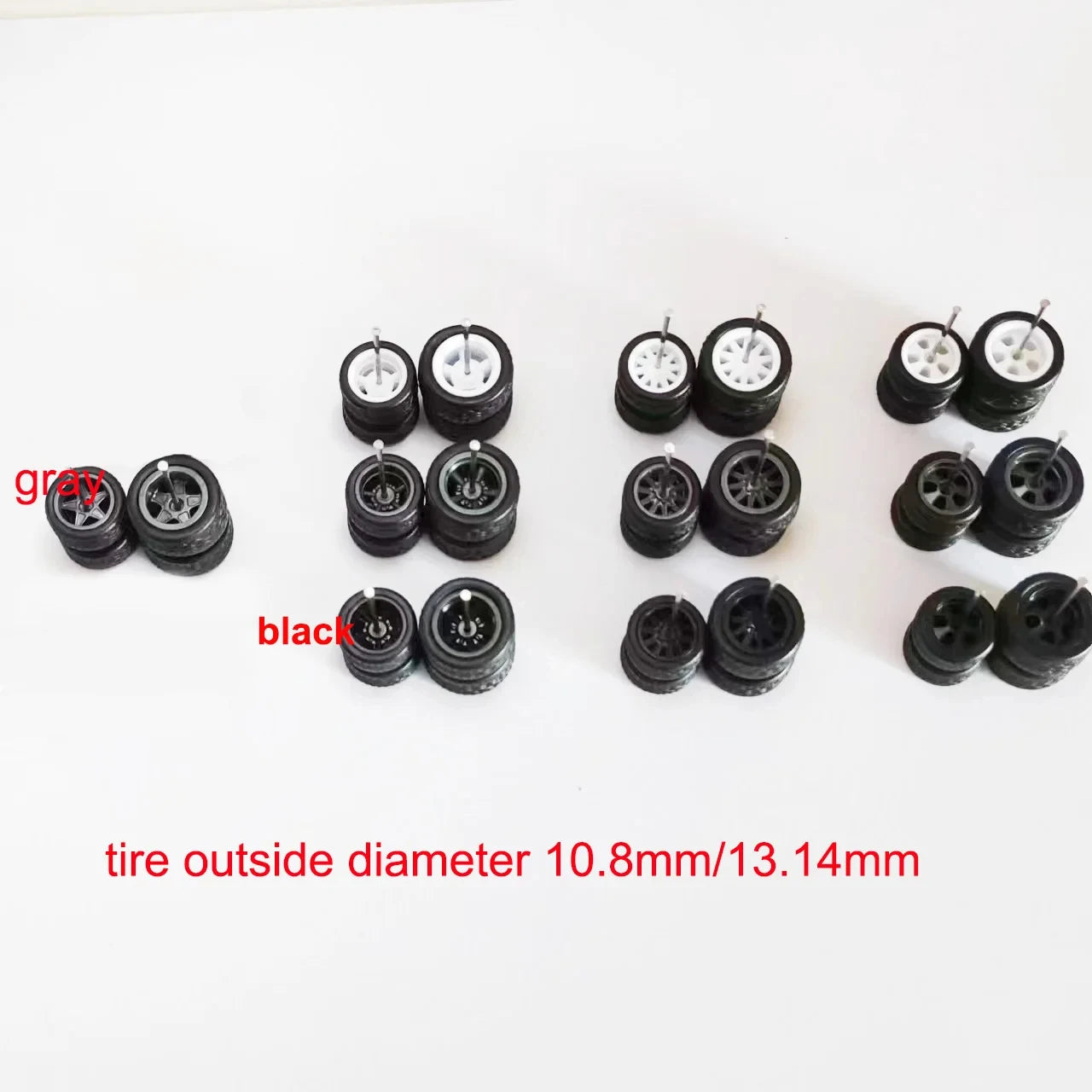 10 Sets 1/64 Staggered Wheels 11mm 13mm Drag Progressive Wheel Front Small Rear Large Rims Rubber Tires for 1:64 Model Cars HW
