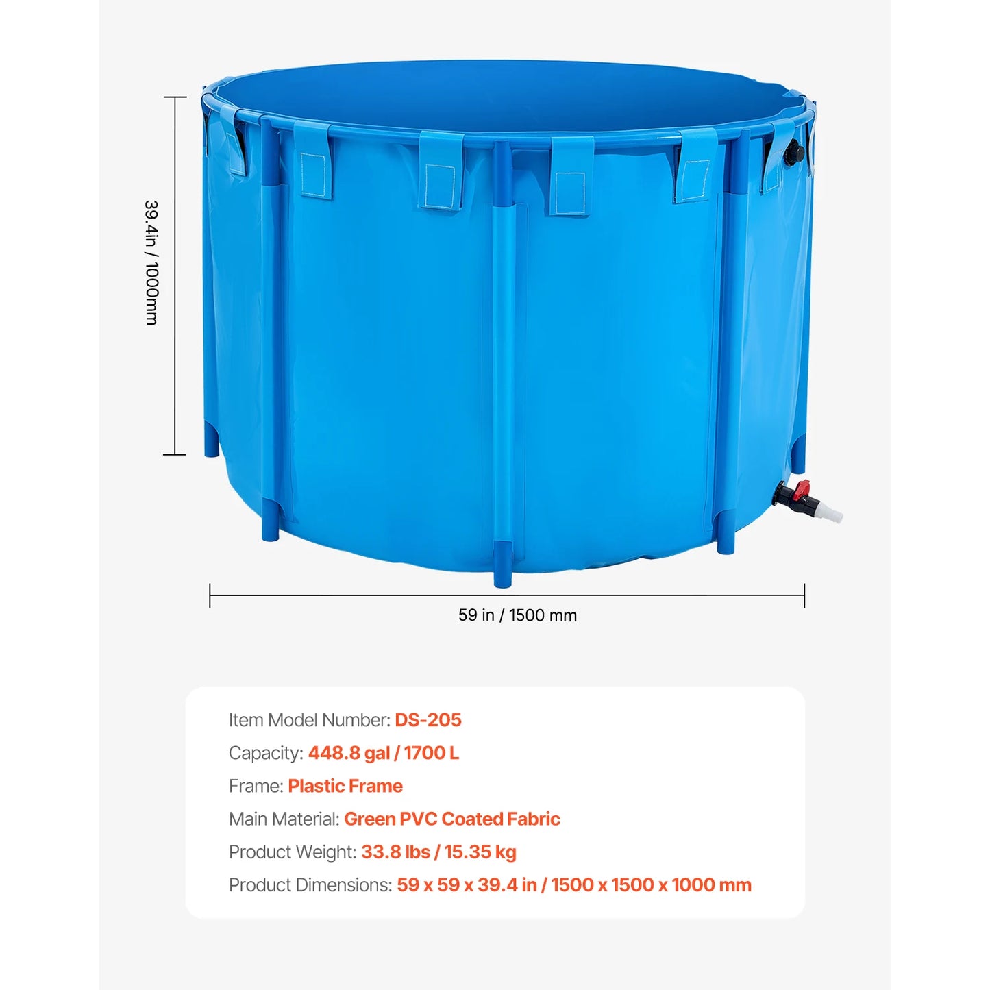 SucceBuy Canvas Fish Pond 448.8Gal Above Ground Fish Pond, Foldable PVC Koi Tank with Frame and Drain Valve for Aquaculture Blue