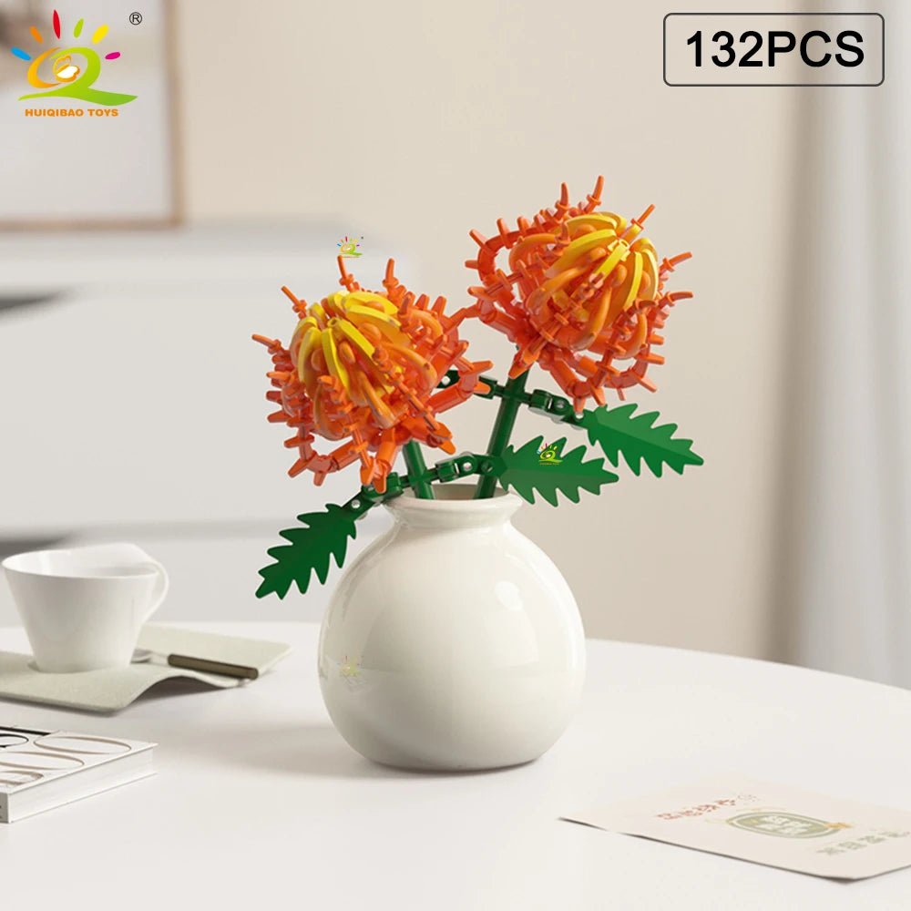 HUIQIBAO MOC Flower with Vase Model Building Block DIY Eternal Bouquet Home Desk Desk Plant Decor Brick Girl Gift Children Toy