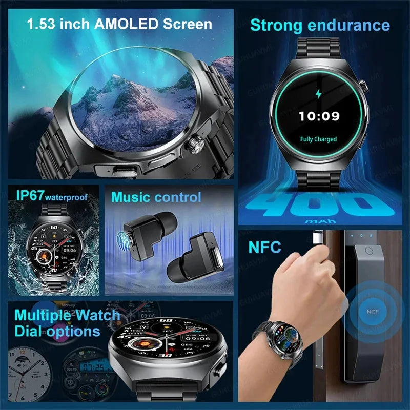 2026 New Man Smart Watch TWS Headset Two In One Wireless Bluetooth Dual Earbuds Call Health Monitor Sport Tracker NFC Smartwatch