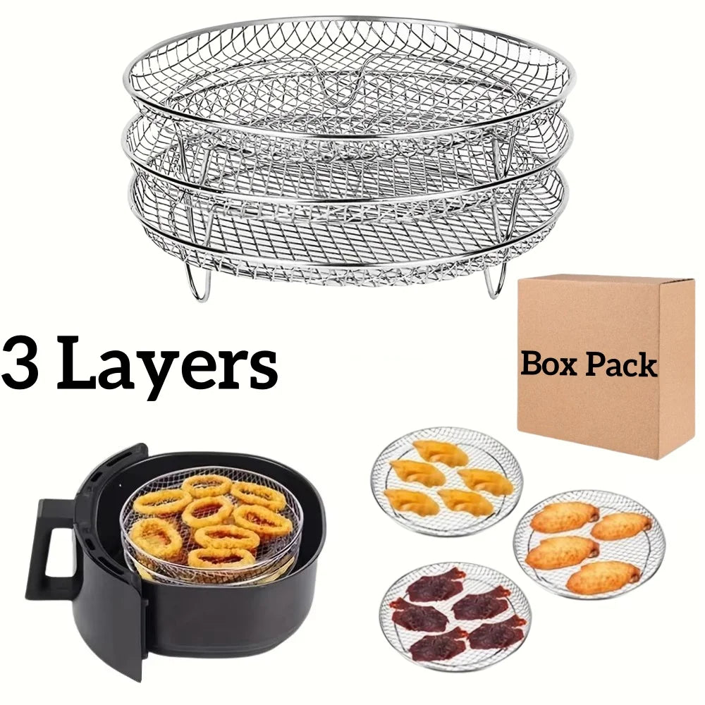 1/3Layer Stainless Steel Air Fryer Accessories Stackable BBQ Grill Rack Food Frying Basket Multipurpose for Baking Cooking Tool