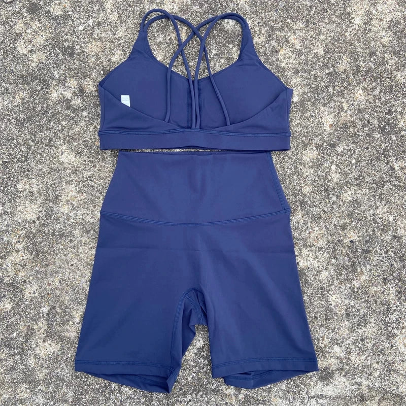 Solid Color Soft Women Gym Yoga Short Cycling Set Cross Back Gym  Bra+High Waist Short Leggings High impact shockproof Sportwear