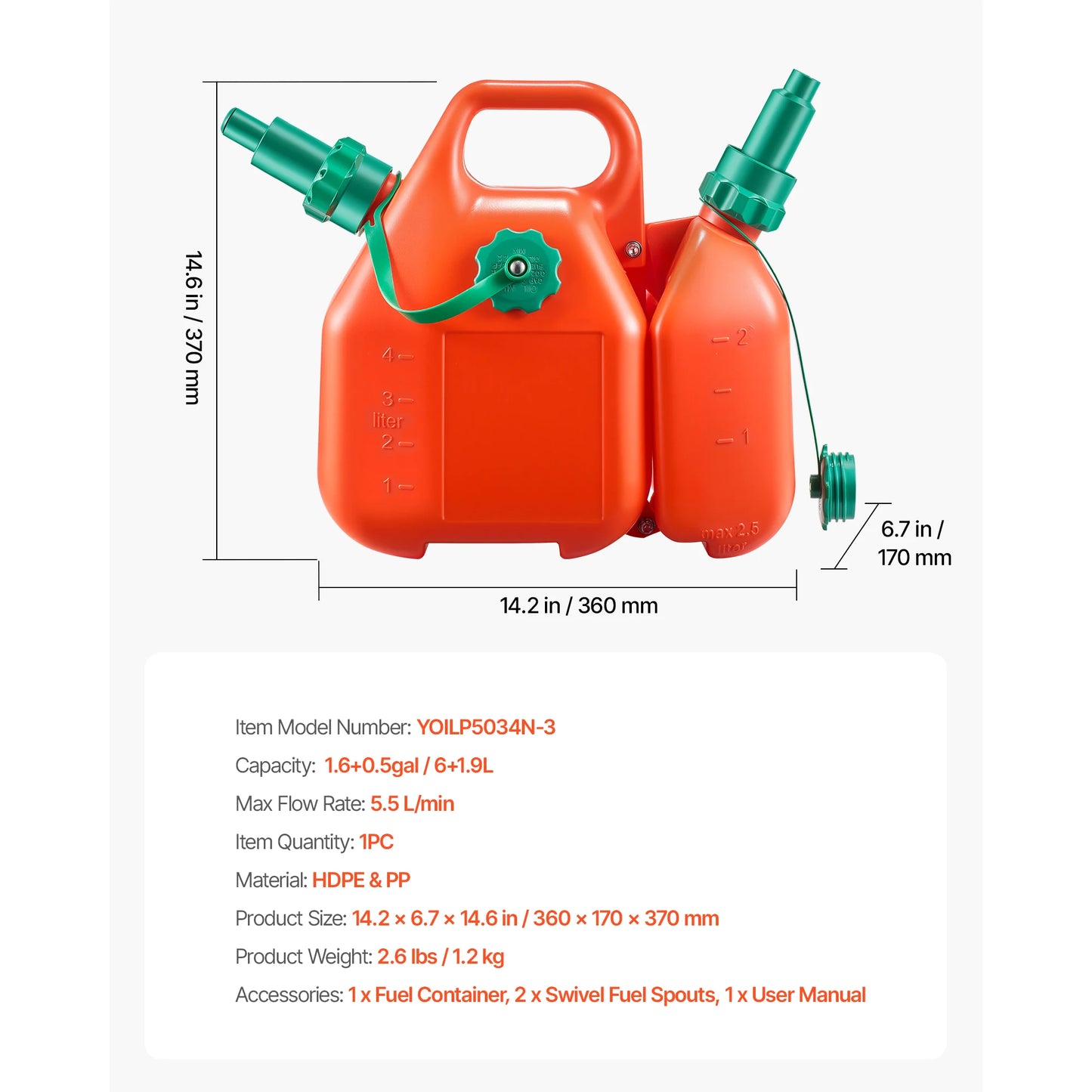 SucceBuy 1.6Gal Fuel Tank with Spout & 0.5Gal Extra Oil Container 5.5L/min Max Portable Flat Fluid Container for Cars Motorcycle
