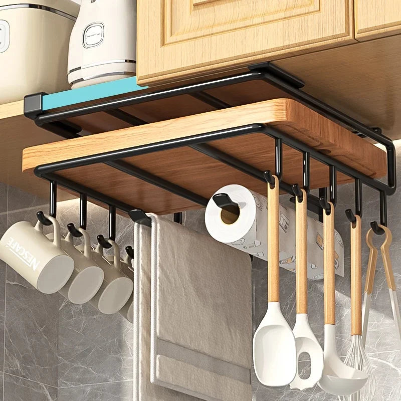 Kitchen Hanging Organizer Rack with Hooks Under Cupboard Paper Towel Rags Hanger Cutting Board Pot Cover Holder Storage 2029