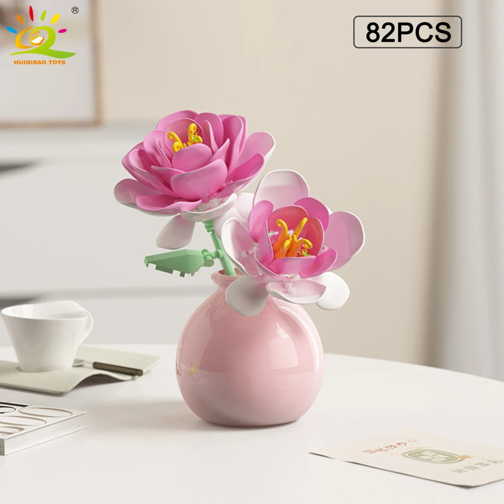 HUIQIBAO MOC Flower with Vase Model Building Block DIY Eternal Bouquet Home Desk Desk Plant Decor Brick Girl Gift Children Toy