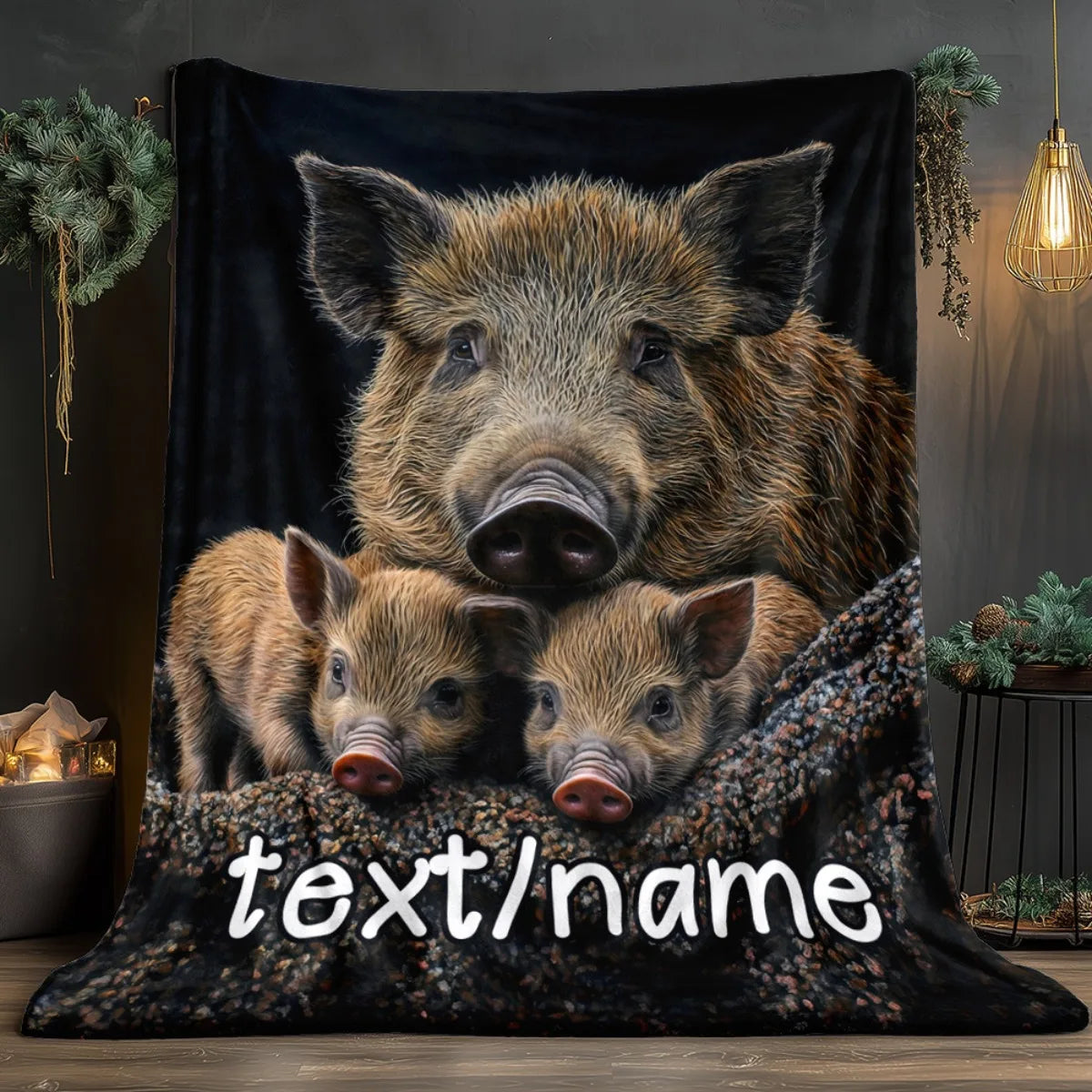 1pc Personalized Wild Boar Flannel Blanket Custom Name, Lightweight Soft Warm Throw All-Season Cozy Blanket for Camping, Sofa