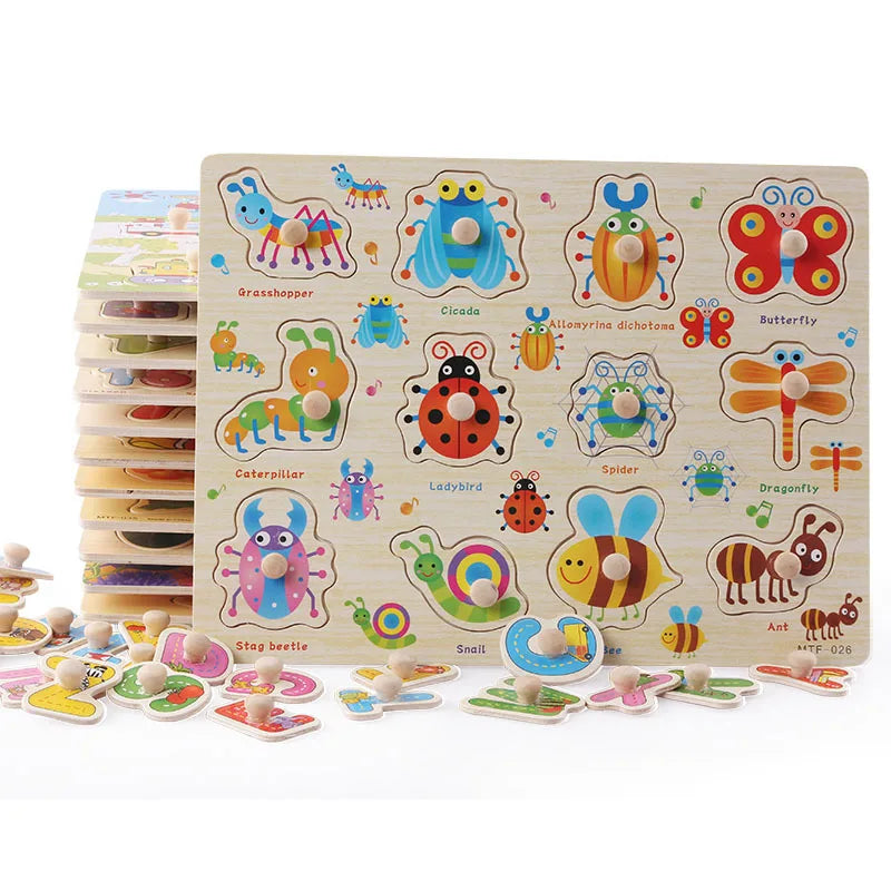 Baby Wooden Puzzles Montessori Toys 1 2 3 Years Toddler Toys Hand Grab Board Alphabet Number Cognition Learning Educational Toys