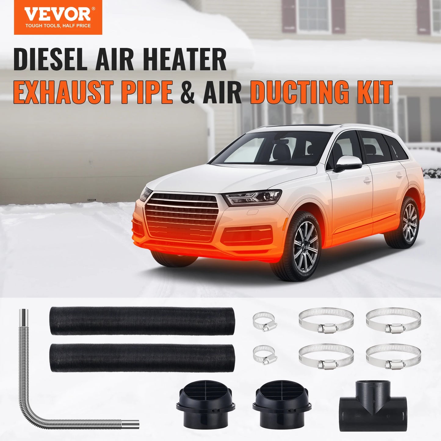 SucceBuy Diesel Heater Pipe Ducting Set 3" Extendable Air Duct Hose 1" Stainless Steel Exhaust Pipe 2 Air Vents Tee Air Outlet