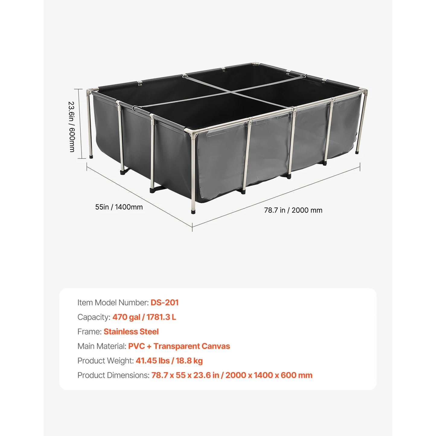 SucceBuy 126.8/270/470 Gal Canvas Fish Pond Rectangular Goldfish Tank with Stainless Steel Frame & Drain Valve for Breeding Koi