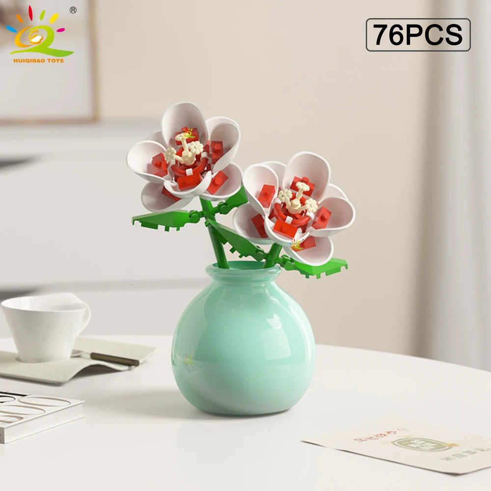 HUIQIBAO MOC Flower with Vase Model Building Block DIY Eternal Bouquet Home Desk Desk Plant Decor Brick Girl Gift Children Toy