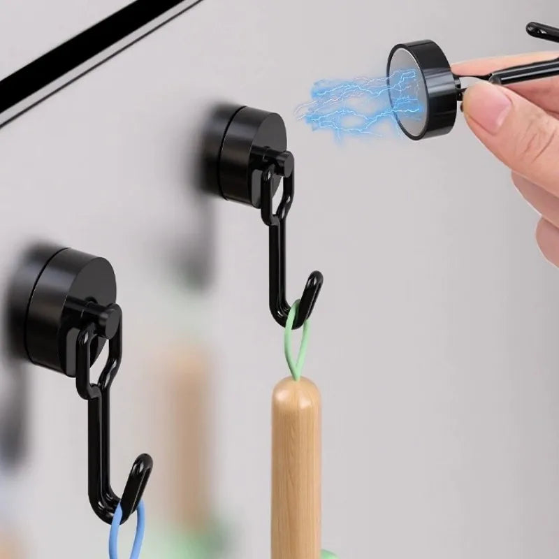 Neodymium Magnetic Hooks 5KG - 360° Rotating No Drill Hangers for Fridge/Doors, 4PCs Heavy Duty Kitchen Organizer (Black/White)