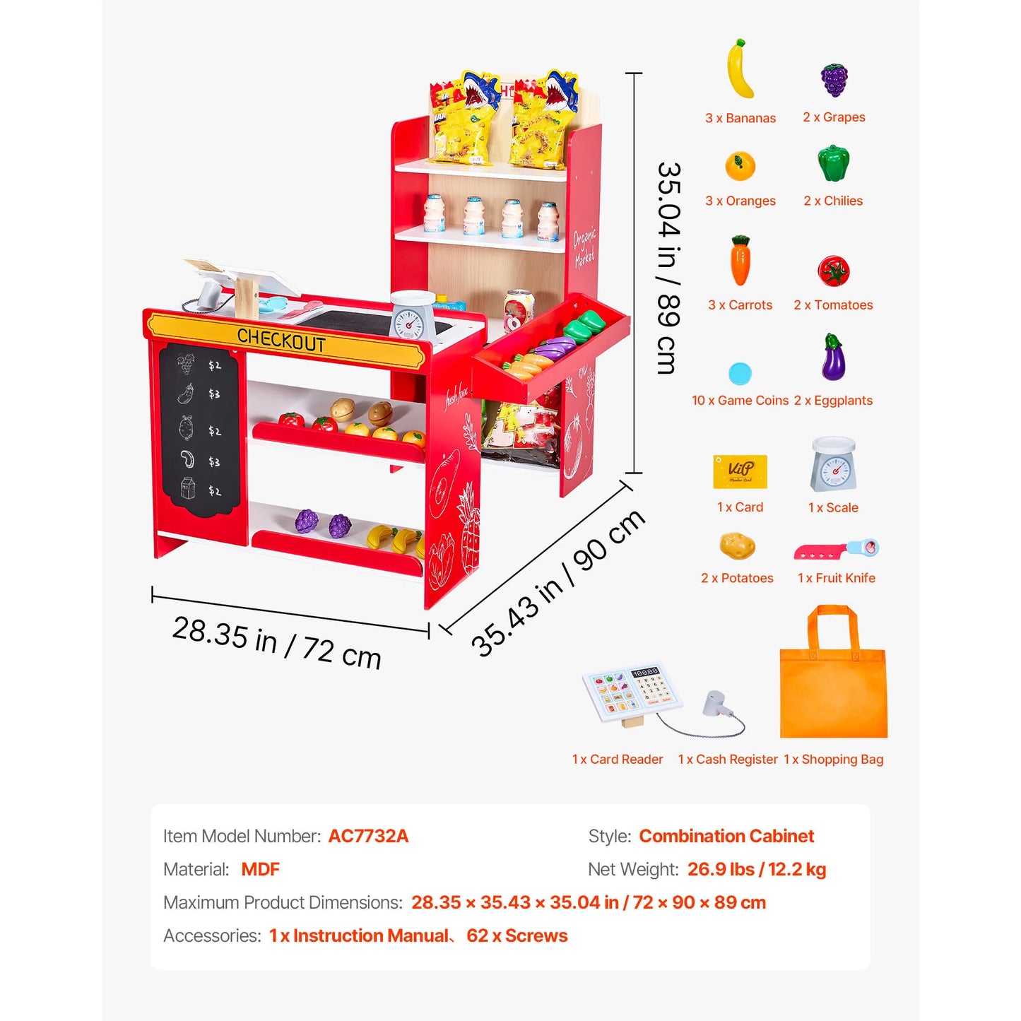 SucceBuy Kids Grocery Store Playset Wooden Play Supermarket Pretend Toy with Scanner & Cash Register for Children Birthday Gifts