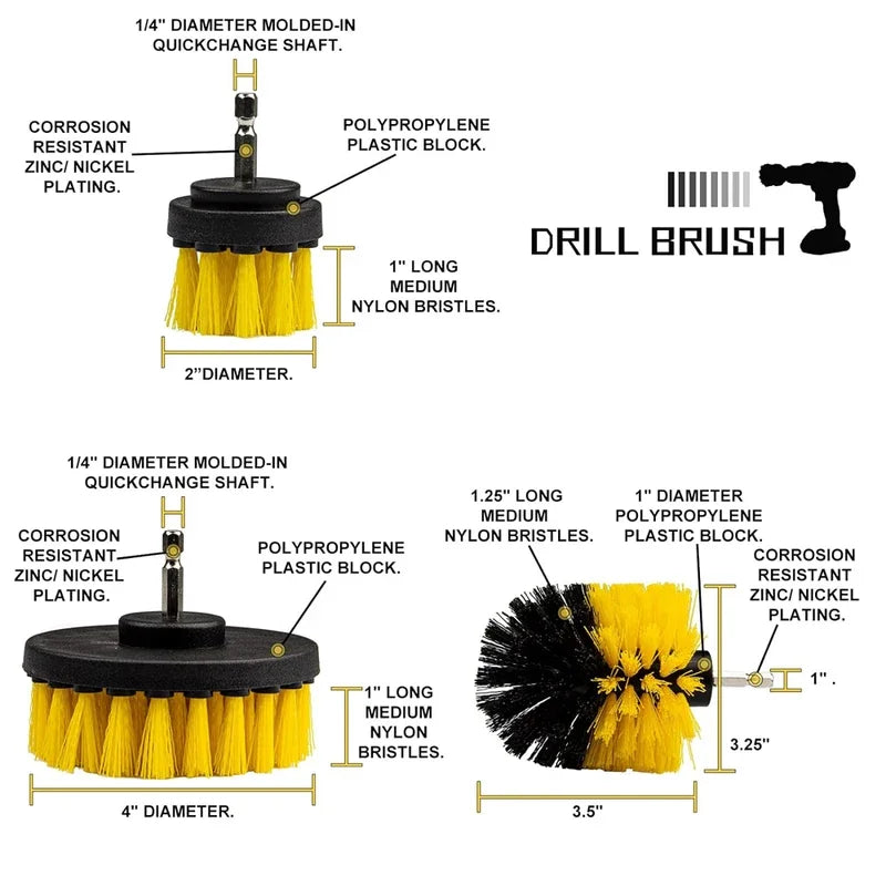 3PCs set Electric scrubber brush drill brush kit 2/3.5/4 ''plastic round cleaning brush for carpet glass car tires nylon brushes