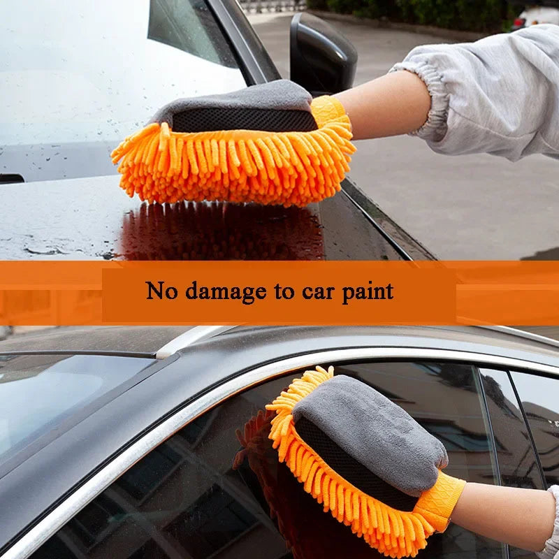 Car Cleaning Microfiber Suede Waterproof Glove - Double-Sided Auto Care Glove with Cleaning Brush & Cloth Towel