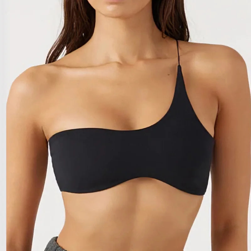 Women Asymmetric One Shoulder Strap Sports Bra With Built-in Pads 75%Nylon 25%Spandex 220gsm Yoga Workout Crop Bralette