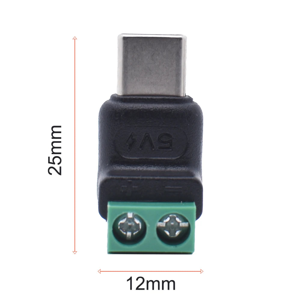 5PCS TypeC to 2 Pin Adapter No Solder Quick Connect Green Terminal for Charging Cable Phone Power Bank DIY Electronics Connector