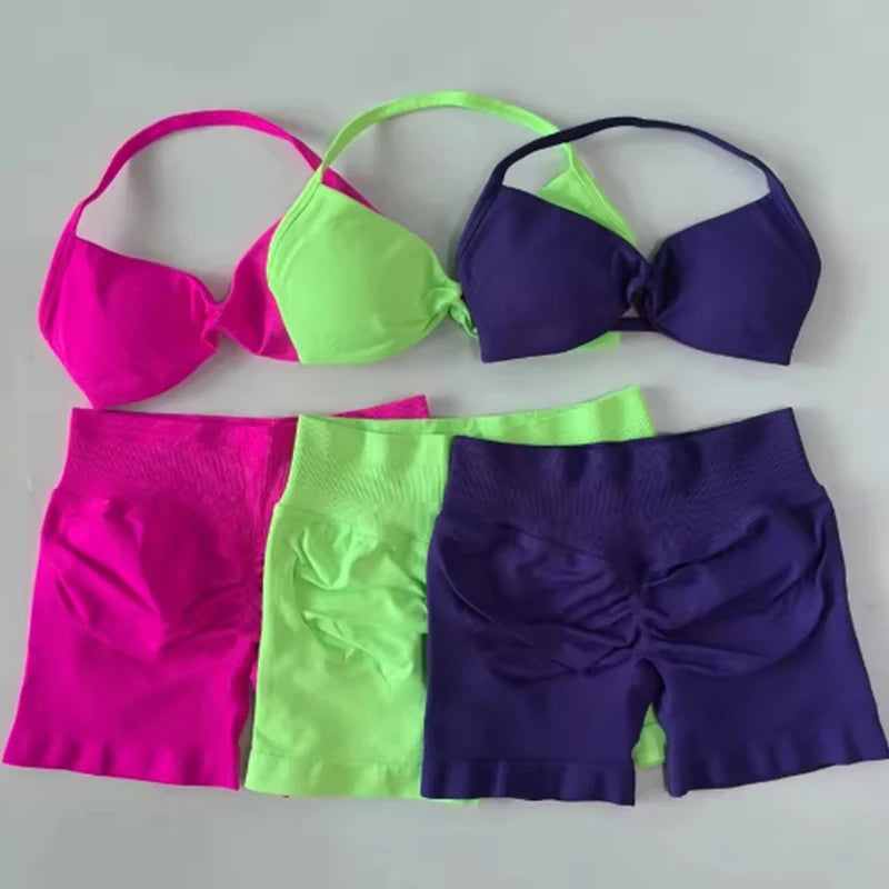 2PCS Gym Set Women Strappy Yoga Bra Top High Waist Workout Scrunch Shorts Sports Suit Seamless Yoga Set Fitness