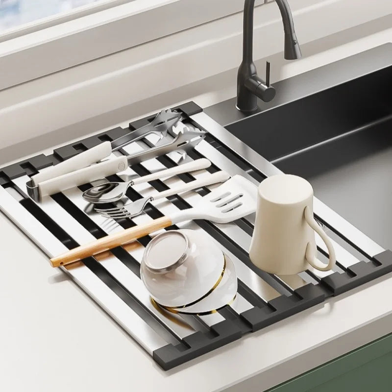 Roll Up Dish Drainer Holder 304 Stainless Steel Sink Drainshelf Food Washing Rack Foldable Towel Bowl Stand Kitchen Organizer