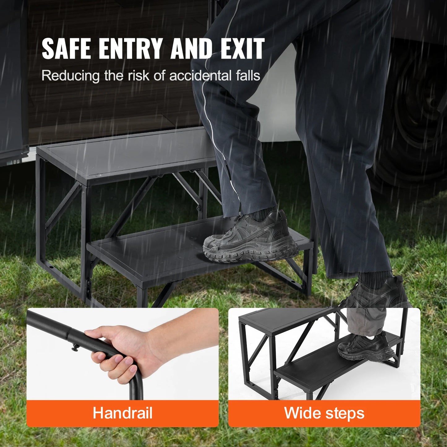 SucceBuy RV Steps 2-Step RV Stairs 440LBS Load Capacity Thickened Carbon Steel With Handrail Non-Slip Steps for Safe Entry Exit