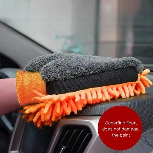Car Cleaning Microfiber Suede Waterproof Glove - Double-Sided Auto Care Glove with Cleaning Brush & Cloth Towel
