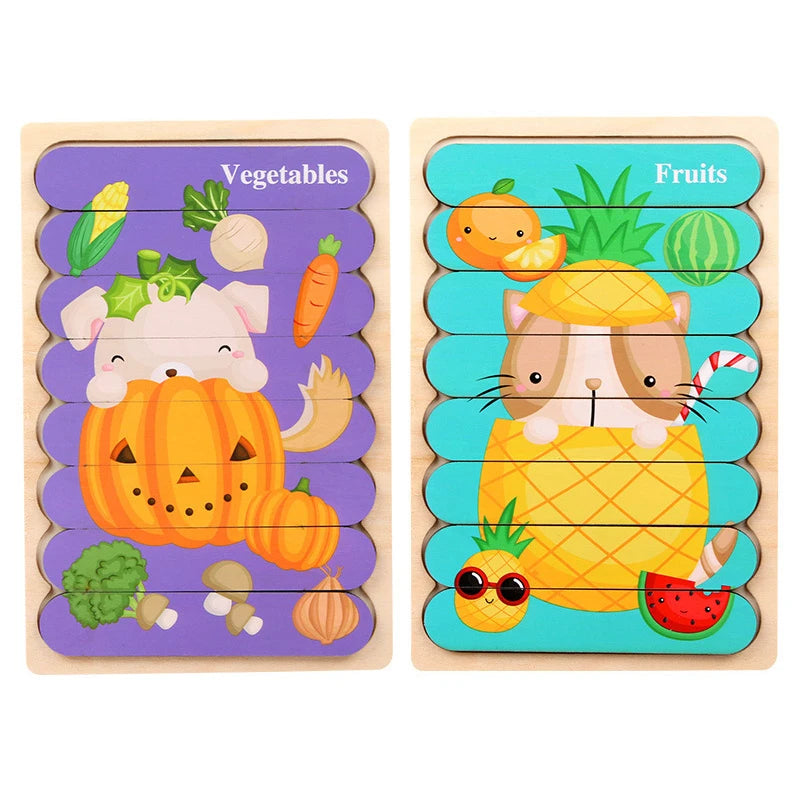 Montessori Baby Wooden Puzzle Toys Kids Educational Game 3D Cartoon Animal Jigsaw Puzzle Toys Activity Board for Child 2 3 Years