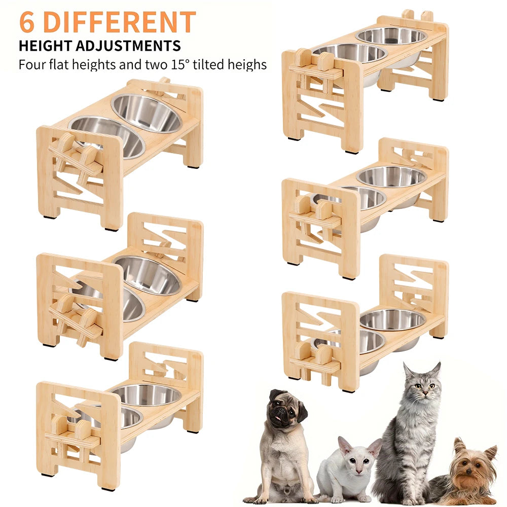 Adjustable Wooden Raised Dog Bowl Stand With 2 Stainless Steel Bowls For Small Dogs and Cats Sturdy Wooden Pet Food Feeder