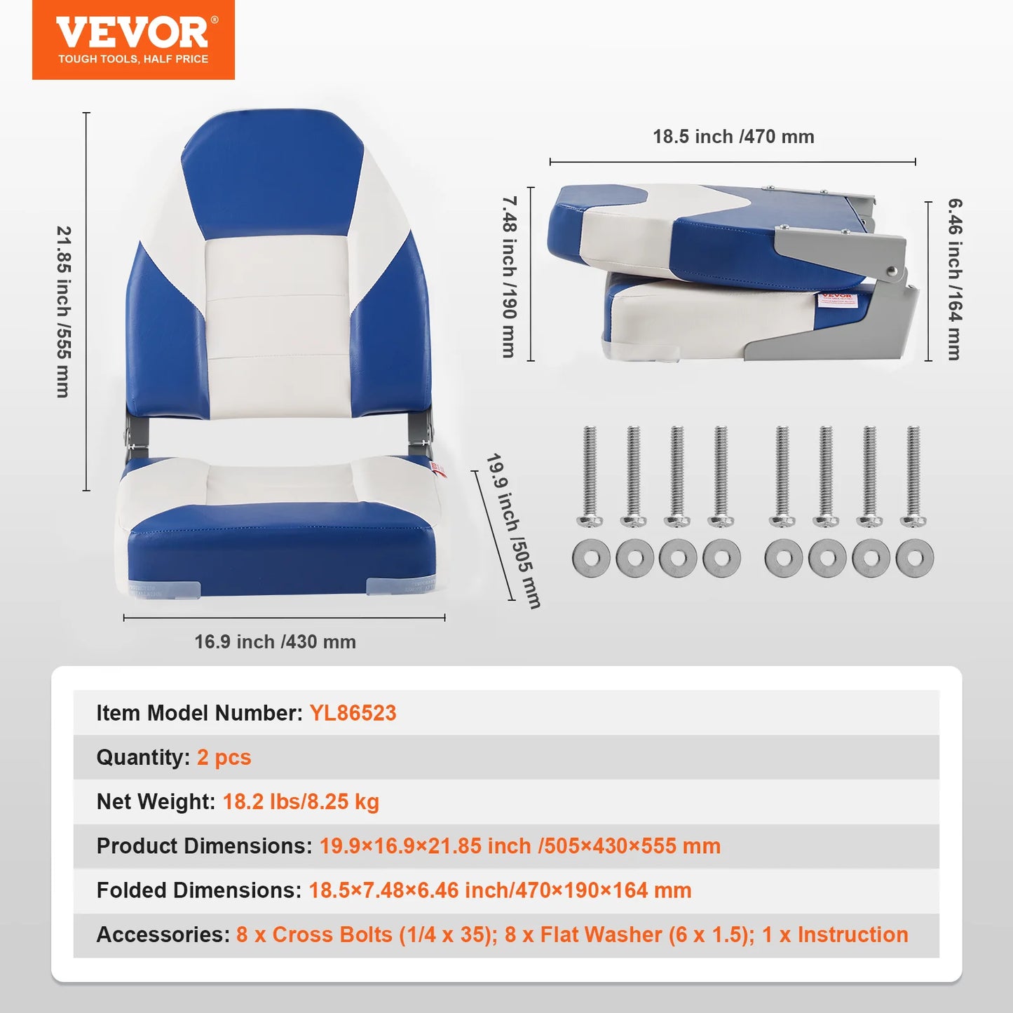 SucceBuy 21.85" High Back Boat Seat Folding Boat Chair with Thickened Sponge Padding Fold-Down Boat Captain Chairs 2-Pack