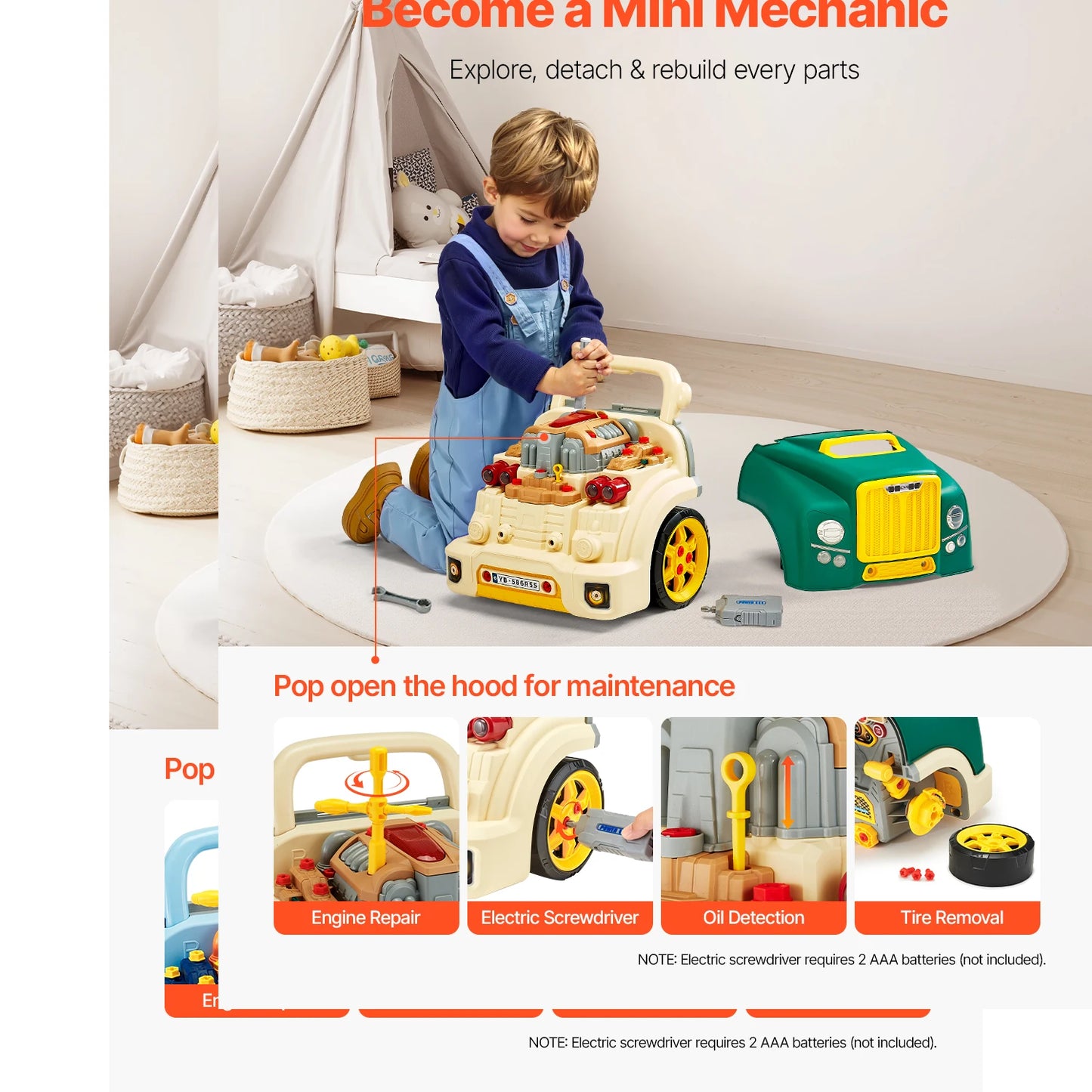 SucceBuy 60 Pcs Kids Mechanic Car Repair Set with Removable Parts & Horn Workshop Set Engine Toy for Toddler Children Gifts