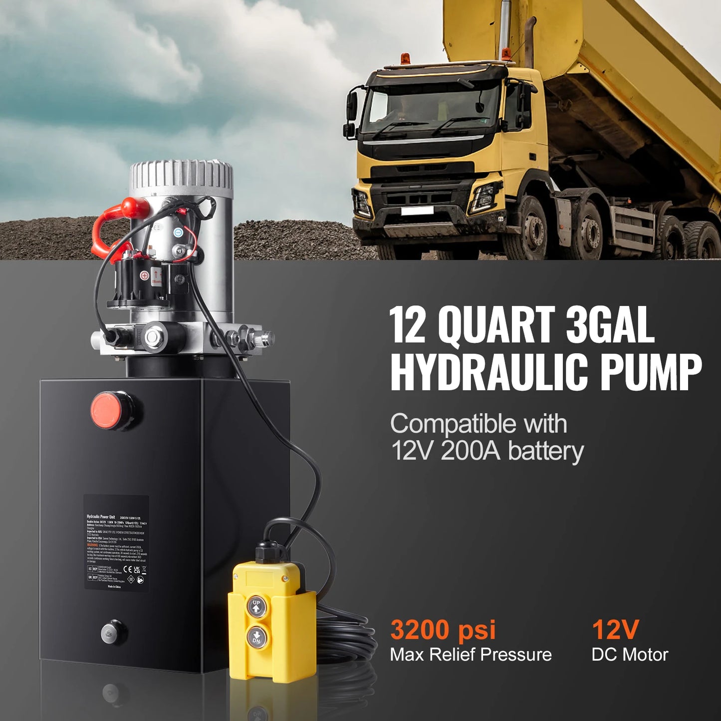 SucceBuy Hydraulic Pump 12 Quart Hydraulic Power Single Acting Dump Trailer Pump 0.91GPM Flow Rate 3200PSI Max Relief Pressure