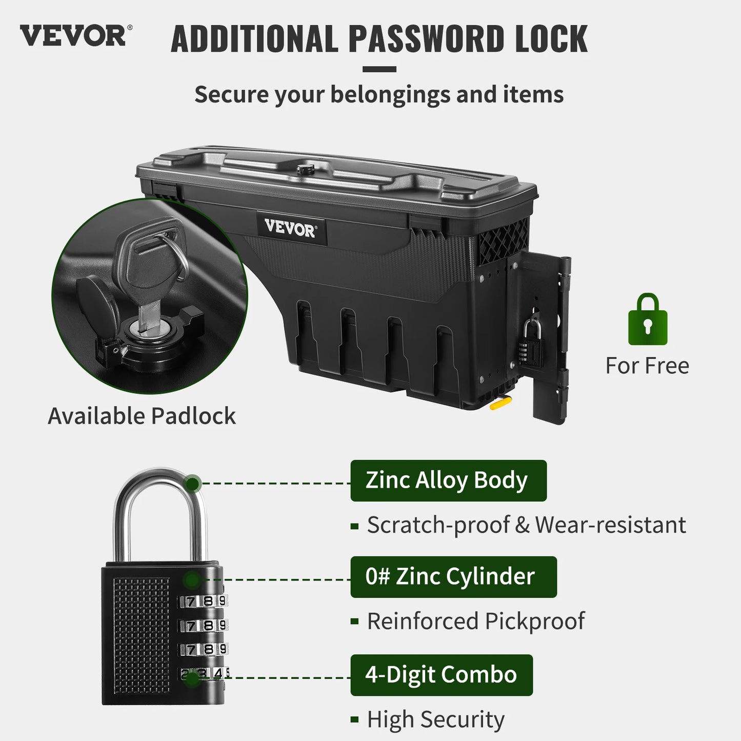 SucceBuy Truck Bed Storage Box Passenger Side Lockable Lid Waterproof ABS Wheel Well with Password Padlock Tool Box for Trucks