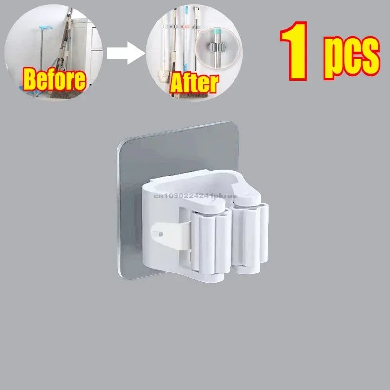 Household Bathroom Non Perforated Mop Holder, Broom Holder, and Card Holder Self-adhesive Mop Holder Kitchen Accessories