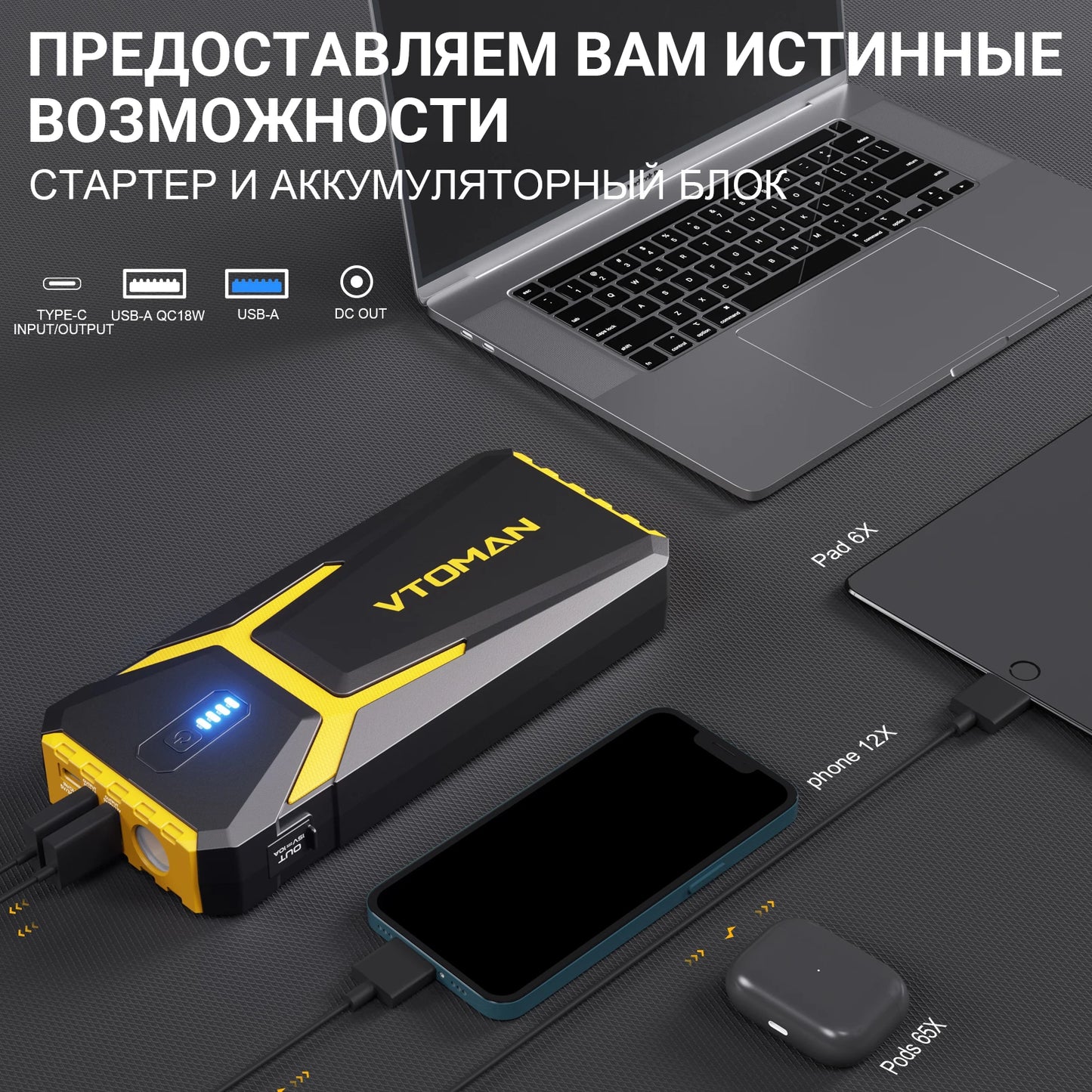 VTOMAN Power Bank 20000mAh Jump Starter Portable Charger Car Booster 4500A Auto Starting Device Emergency Car Battery Starter