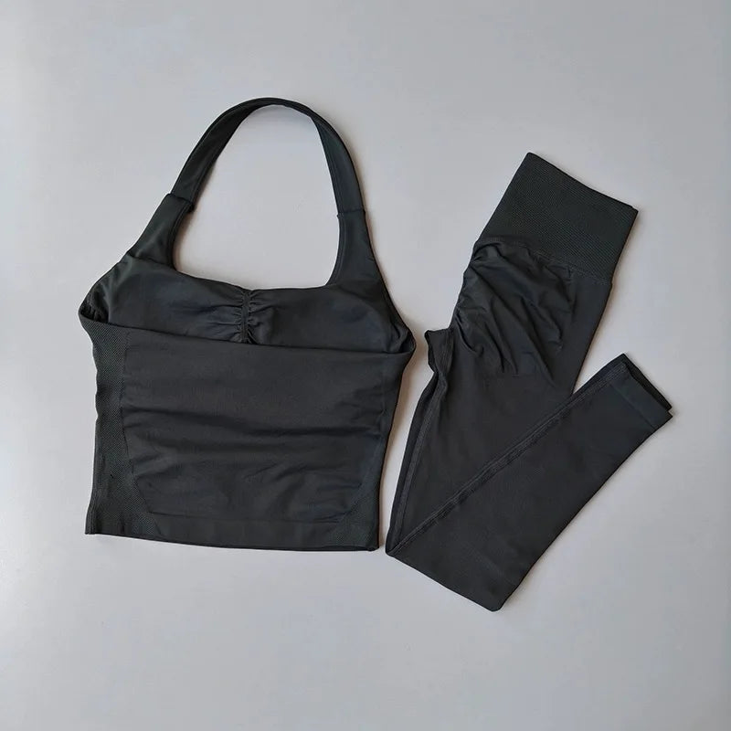 2 Piece Sports Gym Set Strappy Bra Yoga Underwear Short Sport Leggings Bicycle Running Sportswear Woman Seamless Yoga Set
