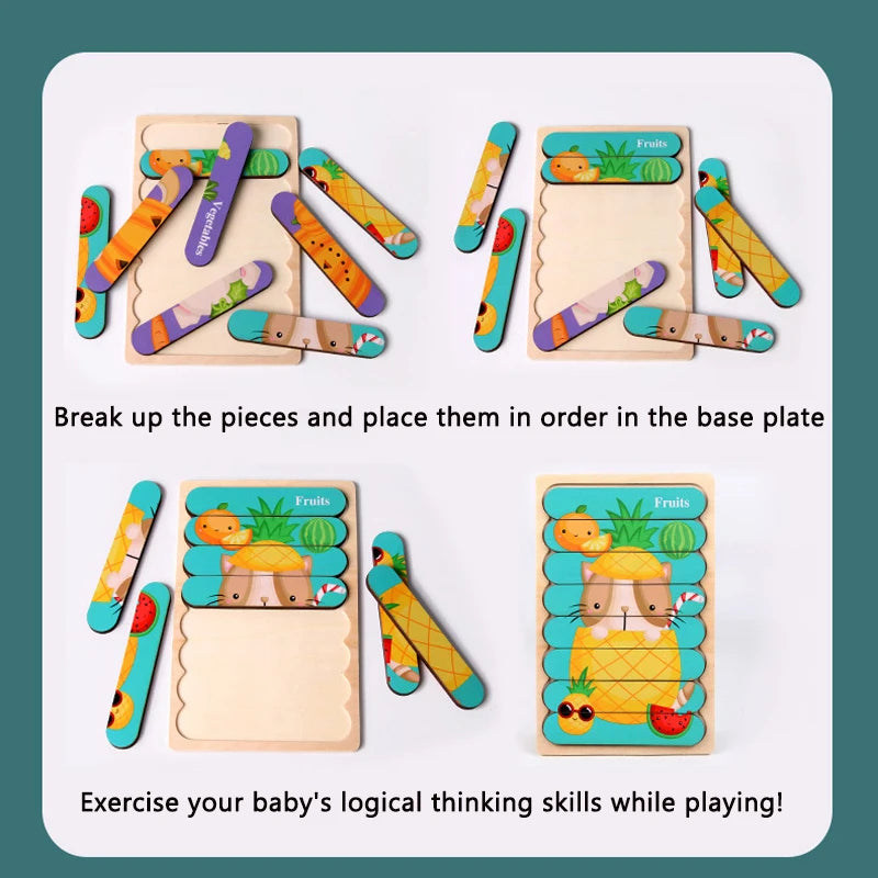 Montessori Baby Wooden Puzzle Toys Kids Educational Game 3D Cartoon Animal Jigsaw Puzzle Toys Activity Board for Child 2 3 Years
