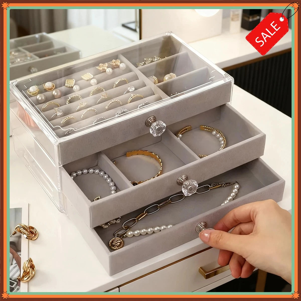 3 Layers Stackable Drawer Jewelry Box Beige Gray Earring Ring Necklace Bracelet Storage Organizer