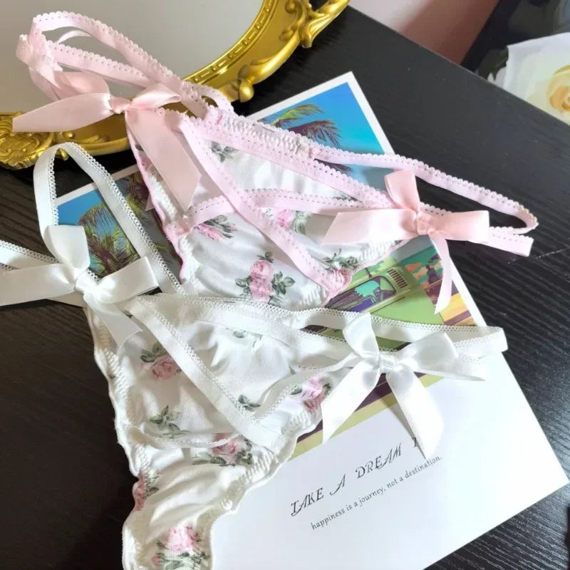 Ruffled Lovely Sweet Thong Briefs women Smooth Satin Panties Floral Printed T-back Underwear Bow Cross Strap Low Rise Underpants