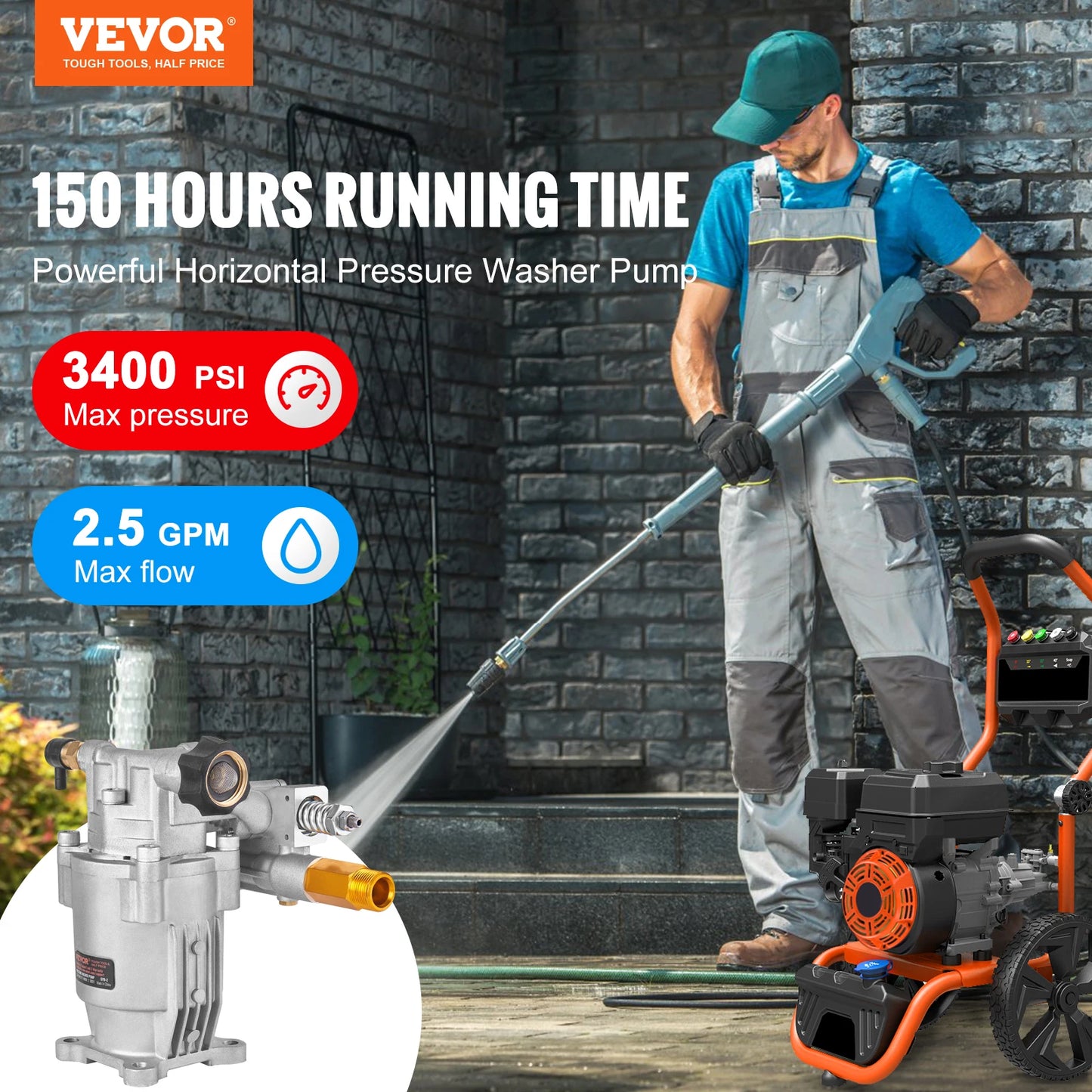 SucceBuy Pressure Washer Pump 3/4"Shaft Horizontal 3400PSI 2.5GPM Replacement Power Washer Pumps Kit Compatible with Honda RYOBI