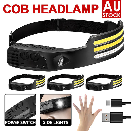 Waterproof 3COB LED Motion Sensor Head Torch Headlight USB Rechargeable Headlamp