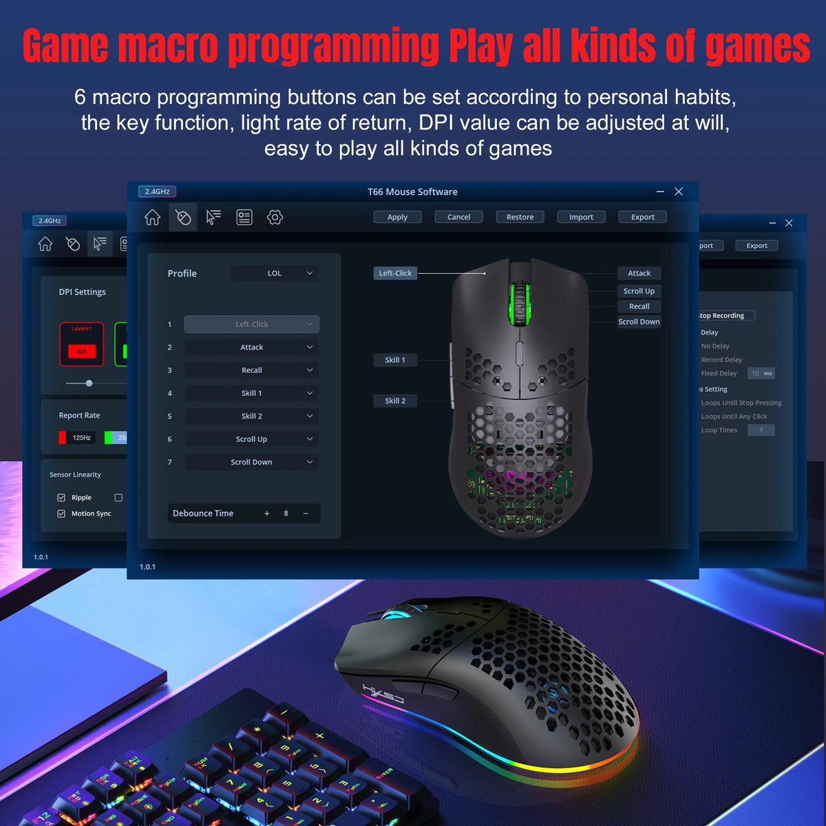 HXSJ T66 3-Mode 10000DPI Gaming Wireless Mouse RGB Luminous 650mAh Rechargeable 6 Buttons Macro Programmable Mice for PC Desktop