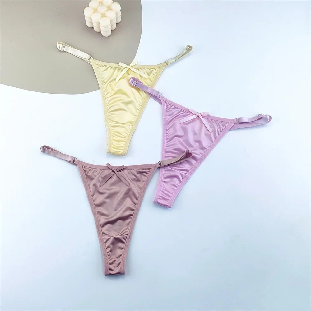 3PCS Adjustable Satin Thong Women Sexy G-string Underwear Low Waist T Back Peach Buttocks Tempting Sexy Bow Lingerie