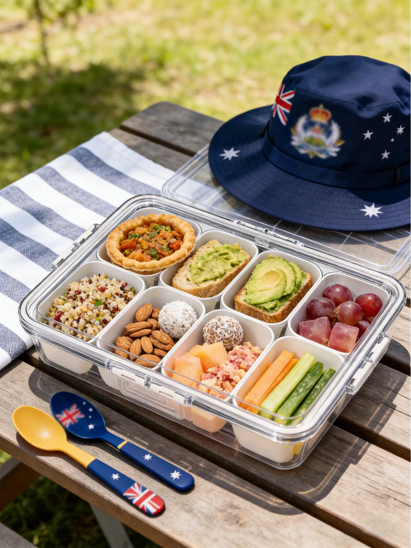 1 storage container, 8-compartment lidded food storage box, portable food storage container, kitchen organization and storage