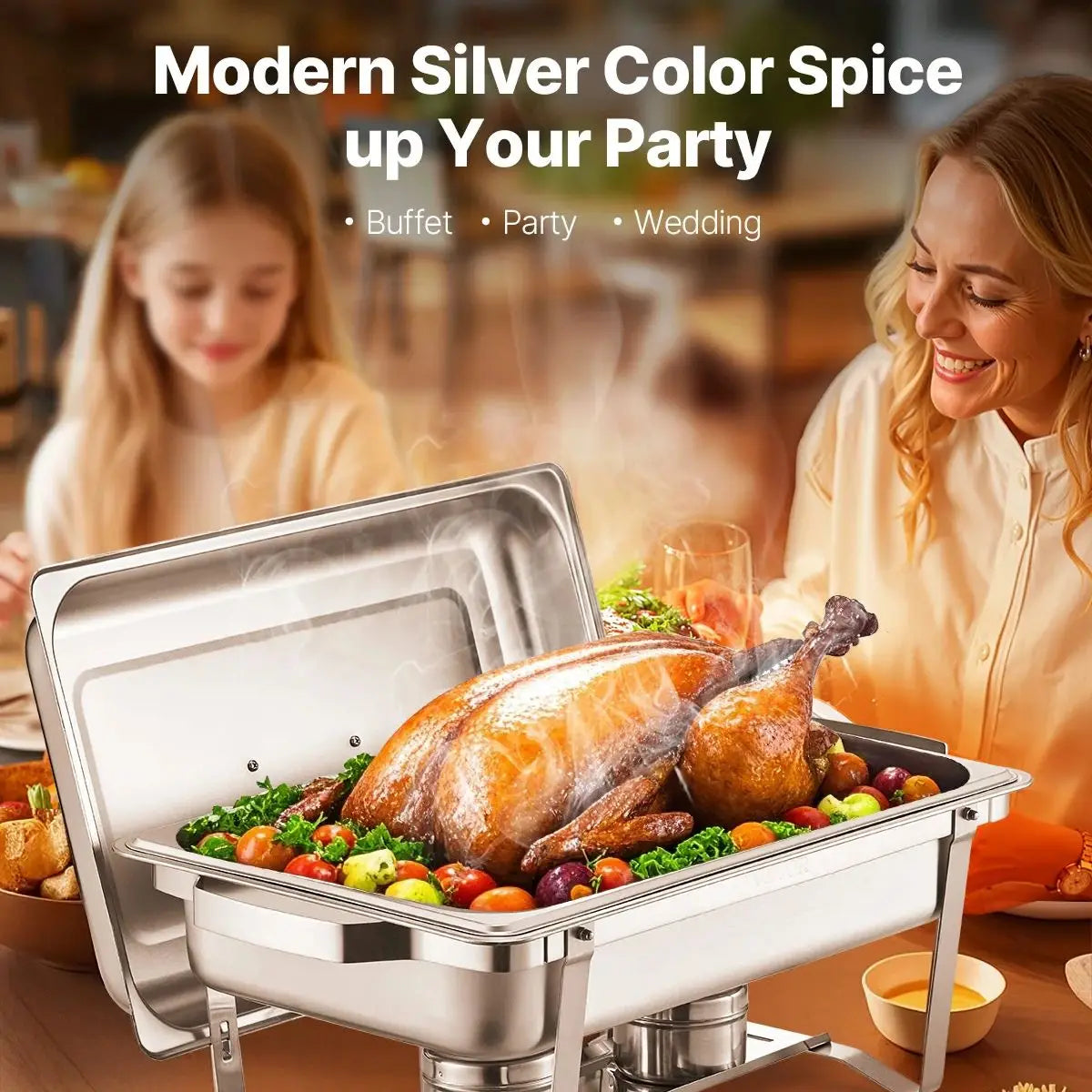 SucceBuy 8 QT Rectangle Chafing Dish 2/4/6 Packs w/ Full Size Pans Buffet Catering Warmer Server Folding Stand Fuel Holder Tray