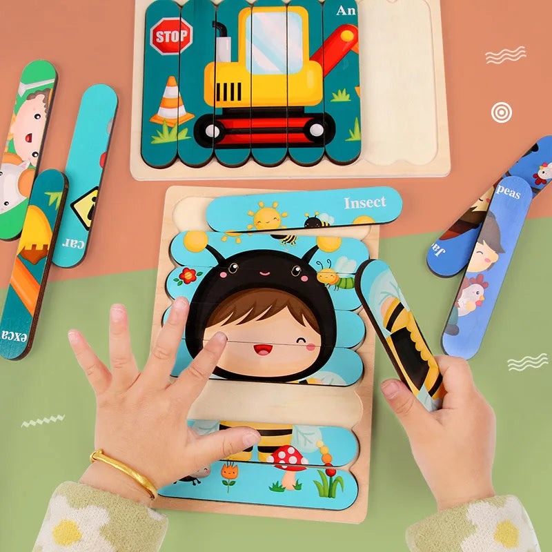 Montessori Baby Wooden Puzzle Toys Kids Educational Game 3D Cartoon Animal Jigsaw Puzzle Toys Activity Board for Child 2 3 Years