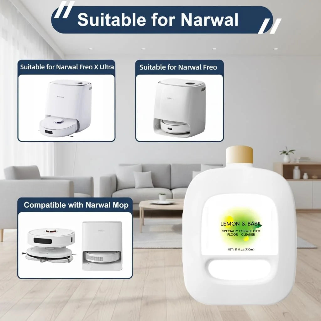 Floor Cleaning Solution 930ml Compatible With NARWAL Freo/Freo X Ultra/J4/J3/J2 Robot Vacuum & Mop,Lemon and Basil Scent