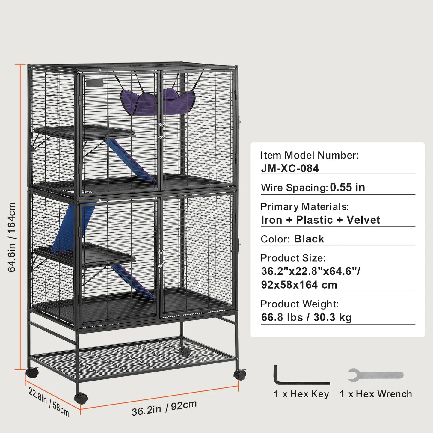SucceBuy 64.6" Rolling Metal Ferret Cage Large 4-Tier Critter Nation Cage Small Animal Cage for Hamster Rats Guinea Chinchilla