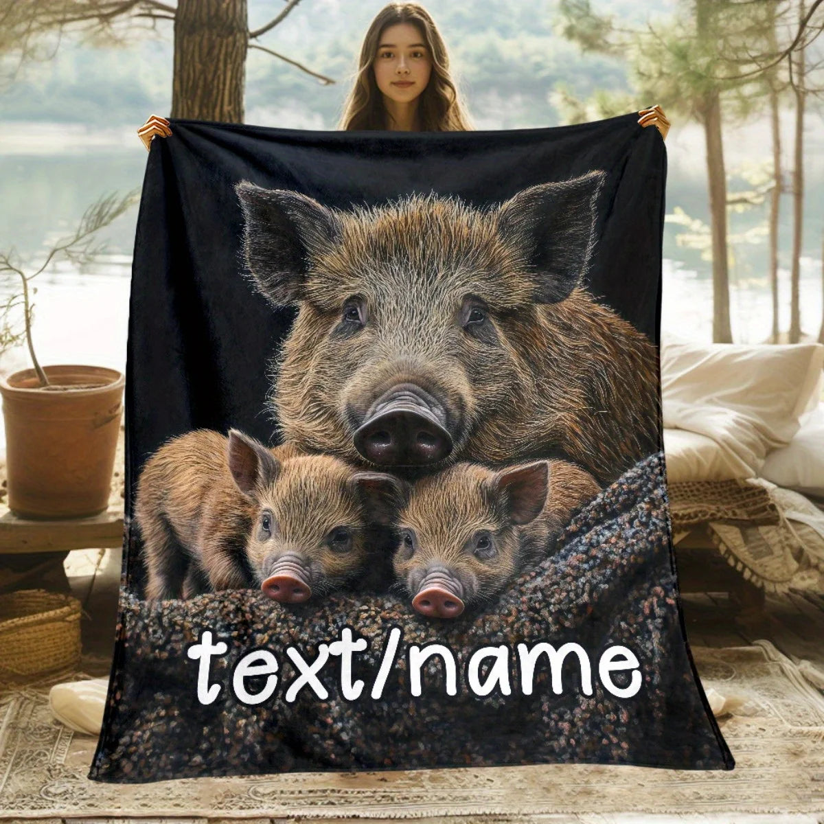 1pc Personalized Wild Boar Flannel Blanket Custom Name, Lightweight Soft Warm Throw All-Season Cozy Blanket for Camping, Sofa